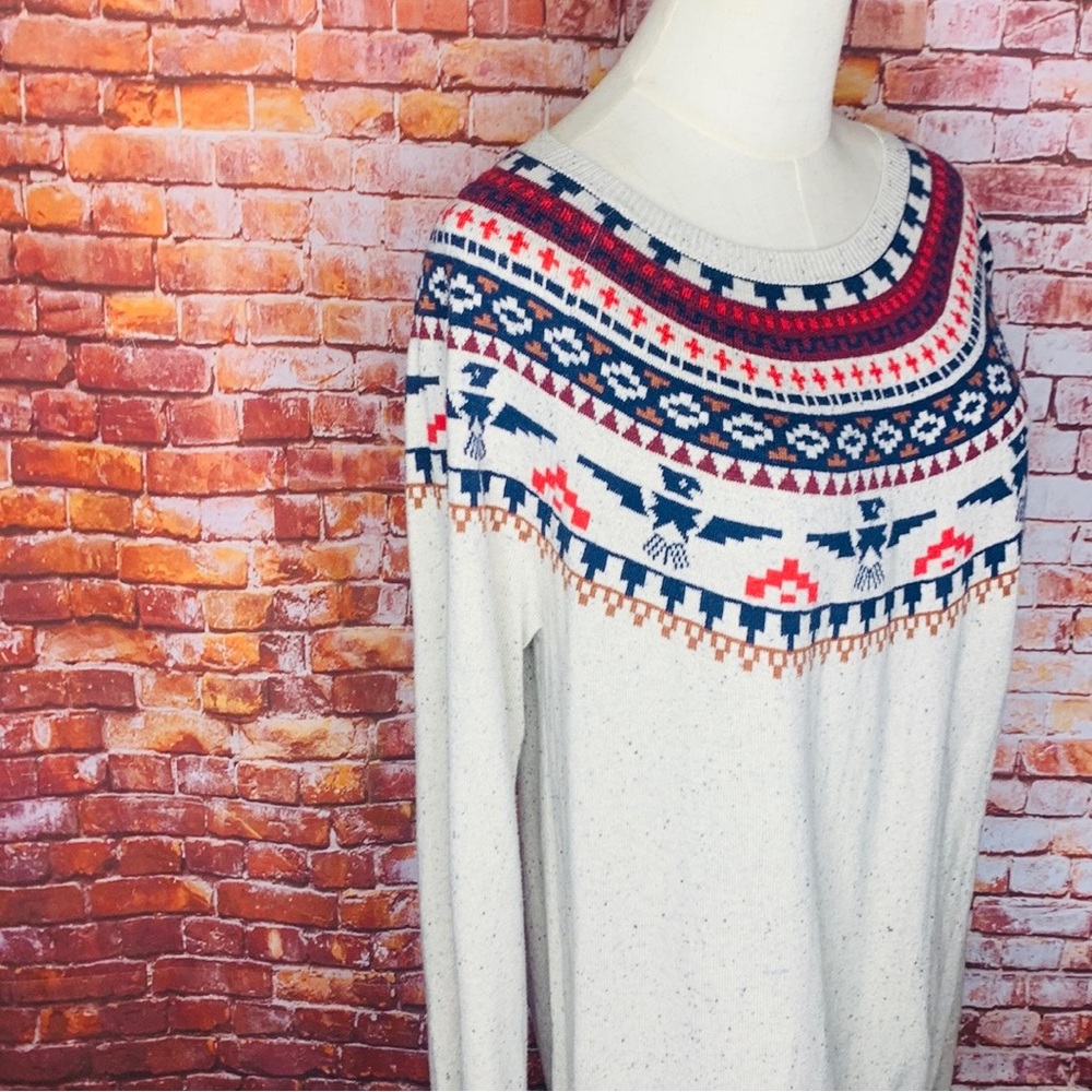 On the Byas Scoop Neck Oatmeal Southwestern Thunderbird Fair Isle Sweater - Picture 4 of 10